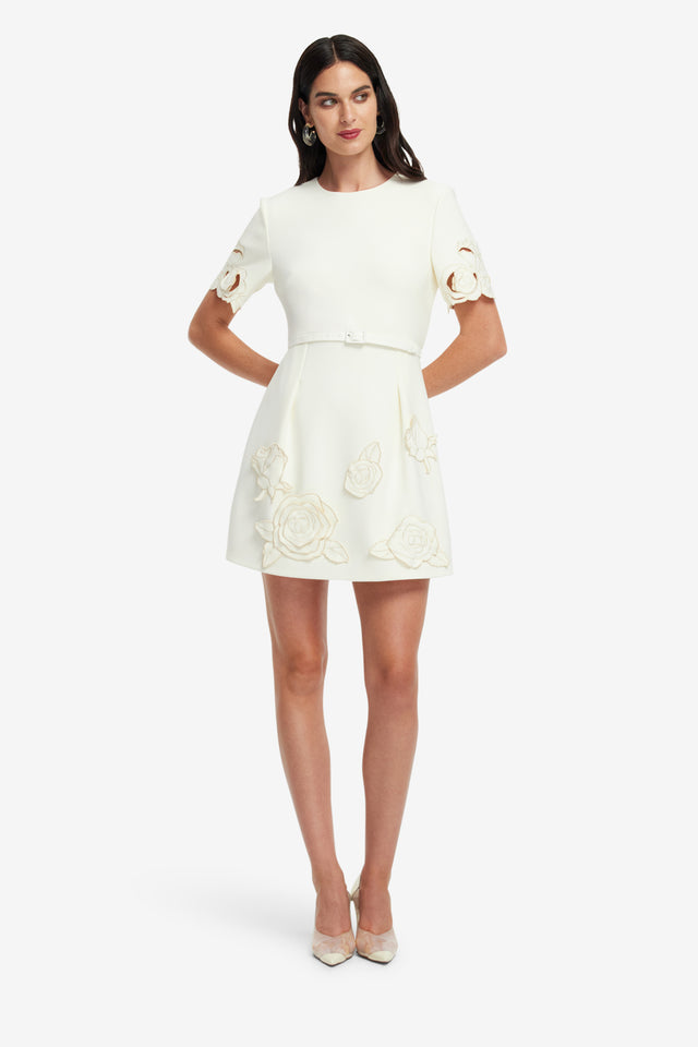 Exclusive LEO LIN Aurelie Applique Short Sleeve Mini Dress - Vanilla