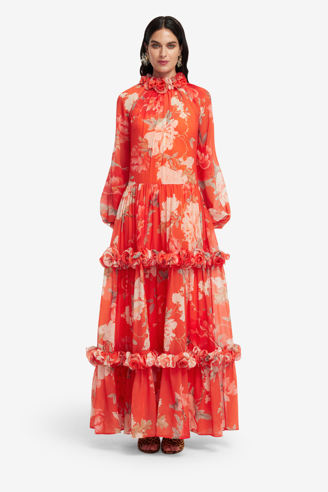 Angela Ruffled Maxi Dress - Saffron Peony Print LEO LIN Angela Ruffled Maxi Dress - Saffron Peony Print LEO LIN