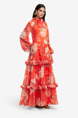 Angela Ruffled Maxi Dress - Saffron Peony Print Dress Maxi
