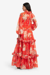 Angela Ruffled Maxi Dress - Saffron Peony Print Dress Maxi