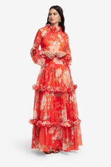 Angela Ruffled Maxi Dress - Saffron Peony Print Dress Maxi