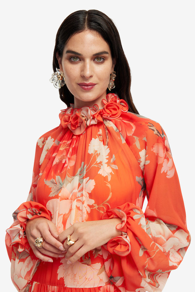 Exclusive LEO LIN Angela Ruffled Maxi Dress - Saffron Peony Print