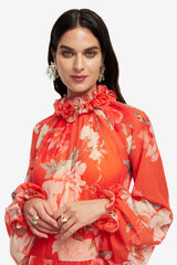 Angela Ruffled Maxi Dress - Saffron Peony Print Dress Maxi