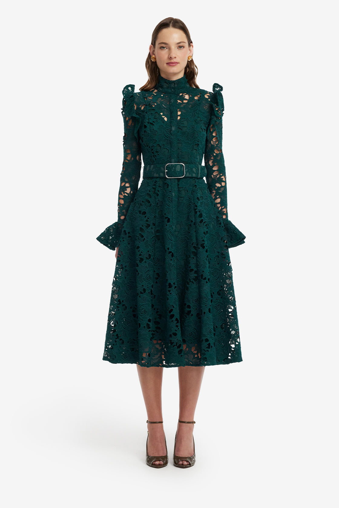 Aliyah Lace Butterfly Sleeve Midi Dress - Emerald Dress Midi