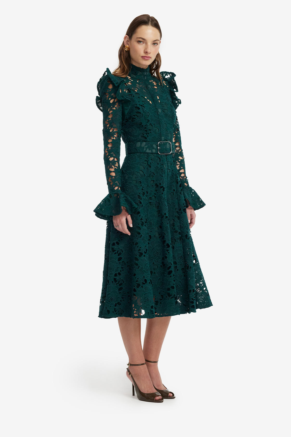 Aliyah Lace Butterfly Sleeve Midi Dress - Emerald Dress Midi