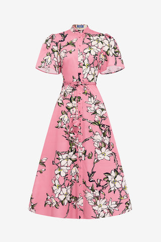 Exclusive LEO LIN Bianca Short Sleeve Midi Dress - Pink Magnolia Print