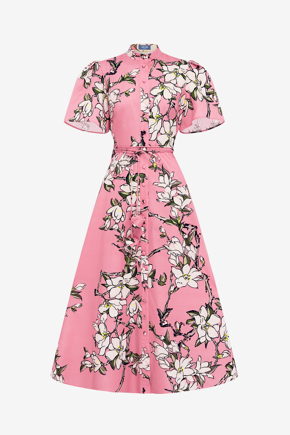 Exclusive LEO LIN Bianca Short Sleeve Midi Dress - Pink Magnolia Print