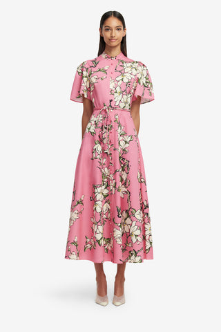 Exclusive LEO LIN Bianca Short Sleeve Midi Dress - Pink Magnolia Print