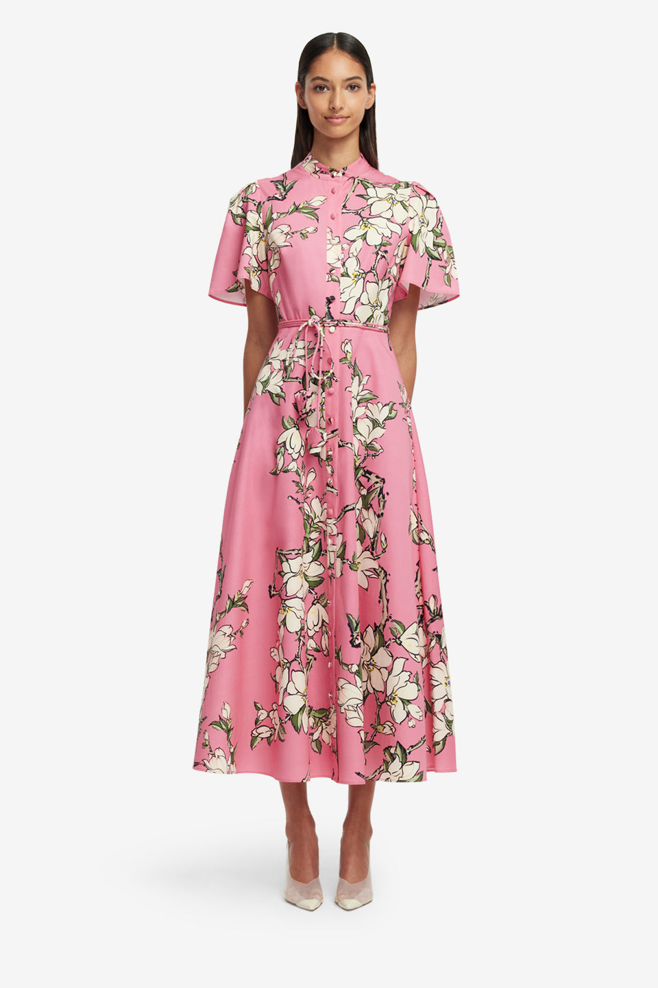 Exclusive LEO LIN Bianca Short Sleeve Midi Dress - Pink Magnolia Print