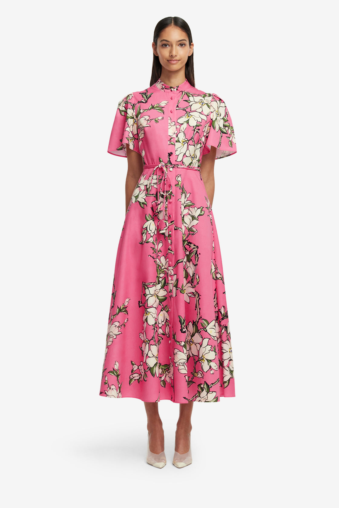 leo lin pink floral dress LEO LIN - Caroline Lace Short Sleeves Midi Dress
