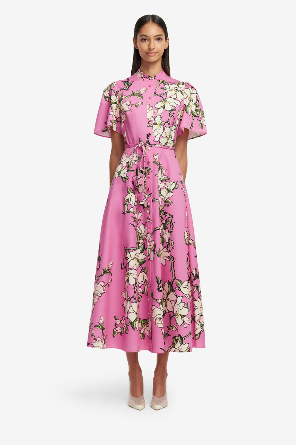 Exclusive LEO LIN Bianca Short Sleeve Midi Dress - Pink Magnolia Print