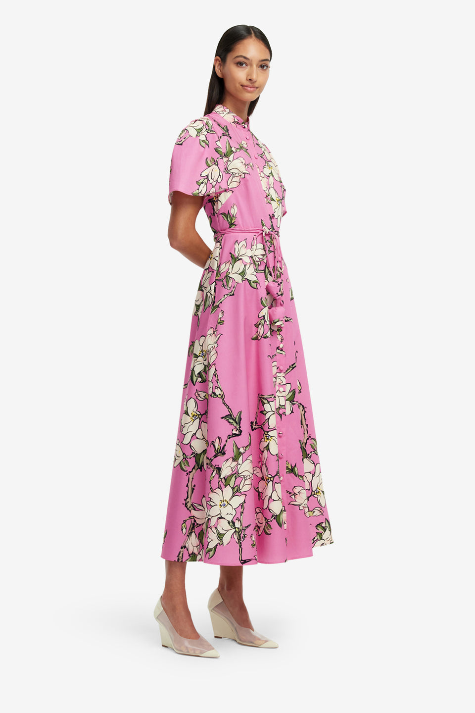Exclusive LEO LIN Bianca Short Sleeve Midi Dress - Pink Magnolia Print