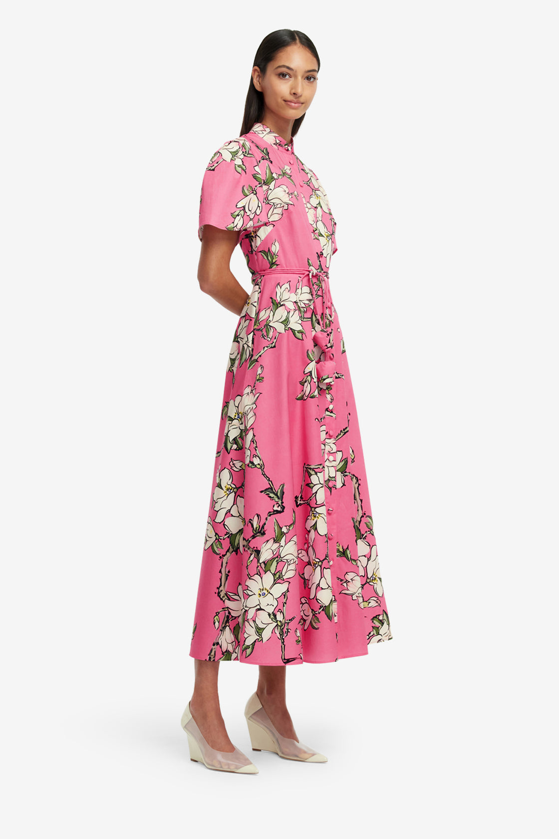 Exclusive LEO LIN Bianca Short Sleeve Midi Dress - Pink Magnolia Print