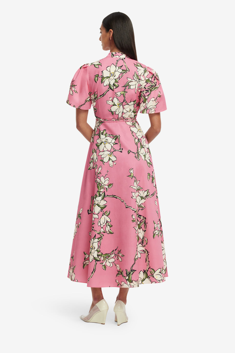 Exclusive LEO LIN Bianca Short Sleeve Midi Dress - Pink Magnolia Print
