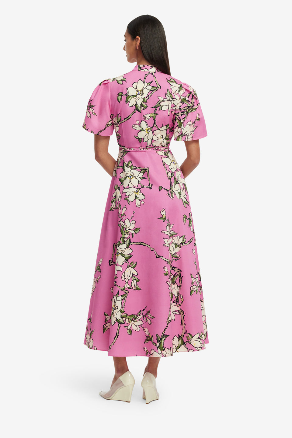 Exclusive LEO LIN Bianca Short Sleeve Midi Dress - Pink Magnolia Print