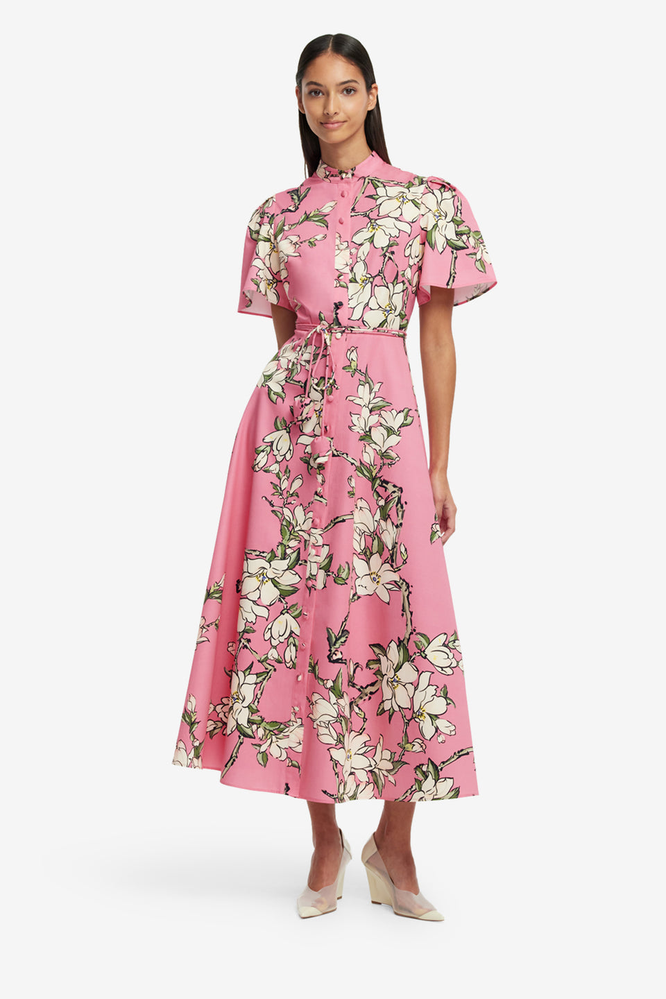 Exclusive LEO LIN Bianca Short Sleeve Midi Dress - Pink Magnolia Print