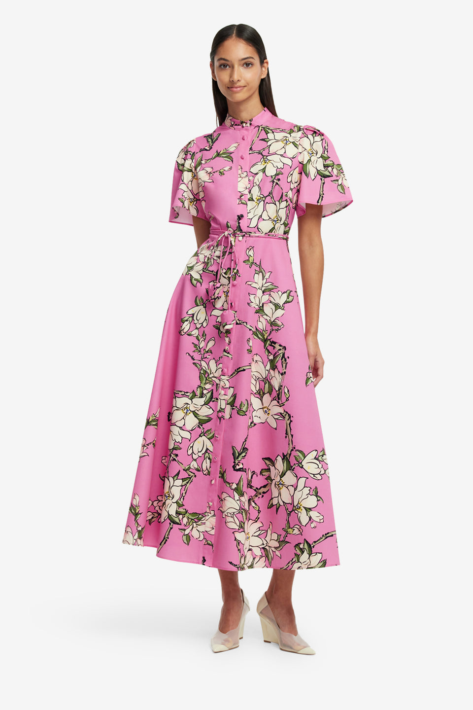 Exclusive LEO LIN Bianca Short Sleeve Midi Dress - Pink Magnolia Print