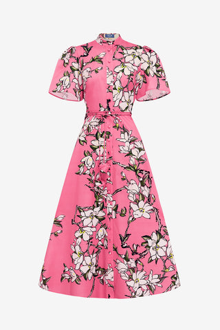 Bianca Short Sleeve Midi Dress - Pink Magnolia Print LEO LIN Bianca Short Sleeve Midi Dress - Pink Magnolia Print LEO LIN