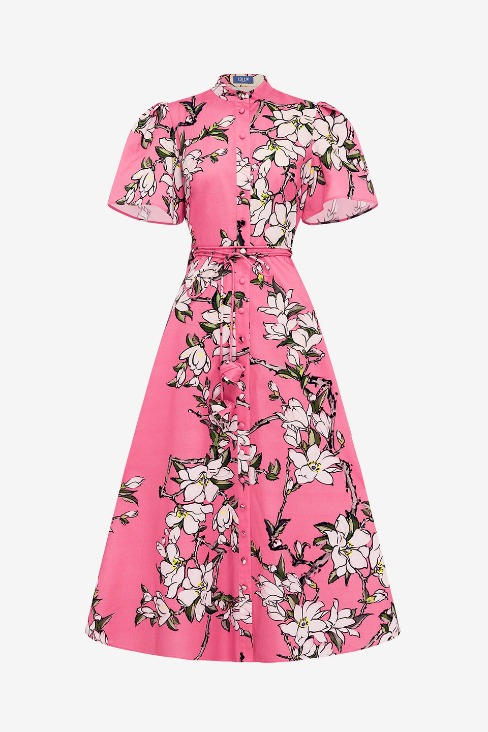 Exclusive LEO LIN Bianca Short Sleeve Midi Dress - Pink Magnolia Print