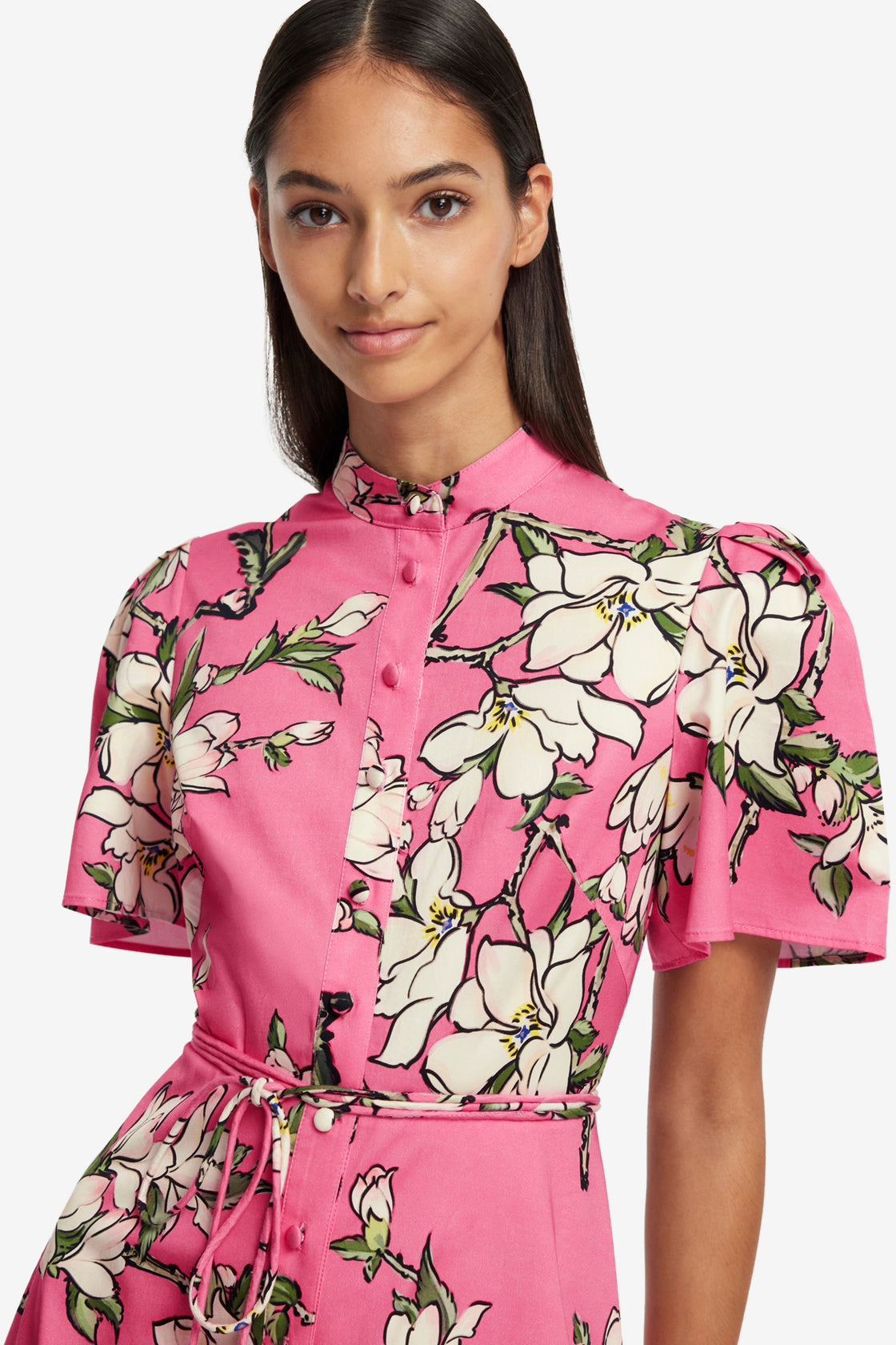 Bianca Short Sleeve Midi Dress - Pink Magnolia Print LEO LIN Bianca Short Sleeve Midi Dress - Pink Magnolia Print LEO LIN