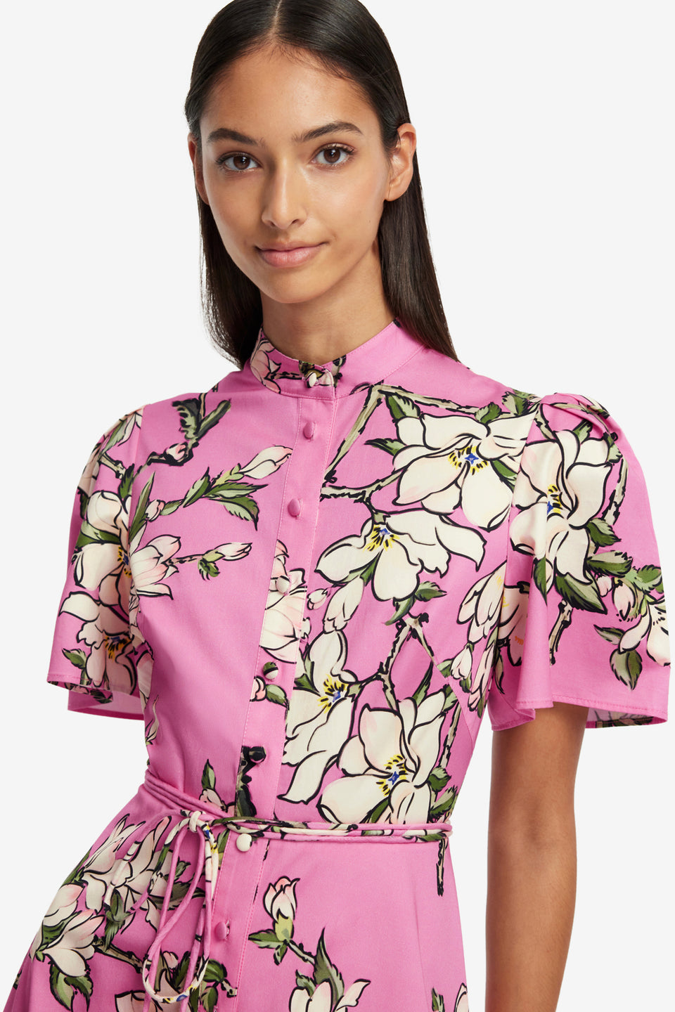 Exclusive LEO LIN Bianca Short Sleeve Midi Dress - Pink Magnolia Print