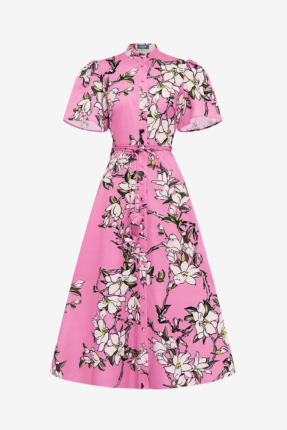 Exclusive LEO LIN Bianca Short Sleeve Midi Dress - Pink Magnolia Print