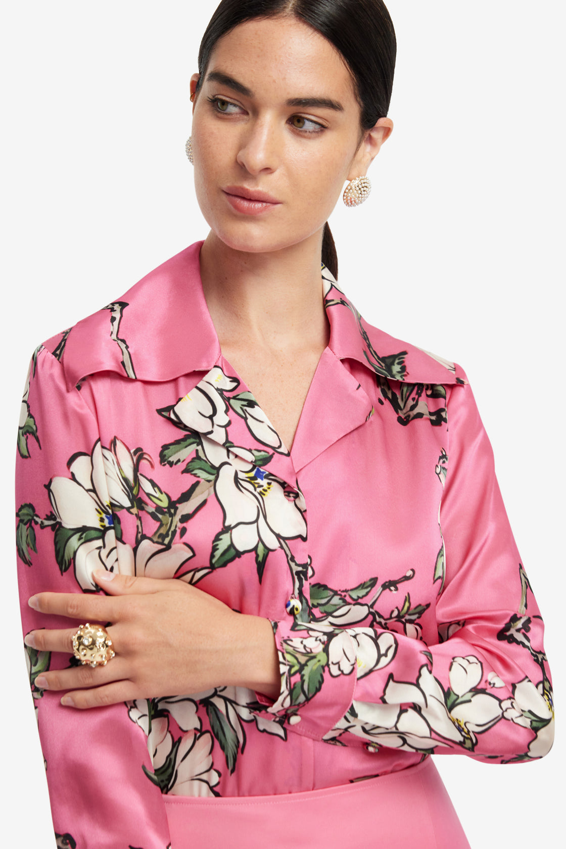 Exclusive LEO LIN Sandra Silk Blouse - Pink Magnolia Print