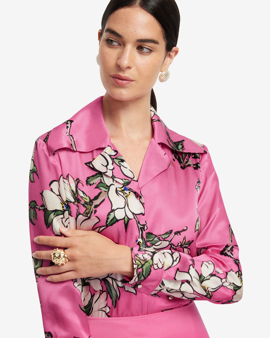 Exclusive LEO LIN Sandra Silk Blouse - Pink Magnolia Print