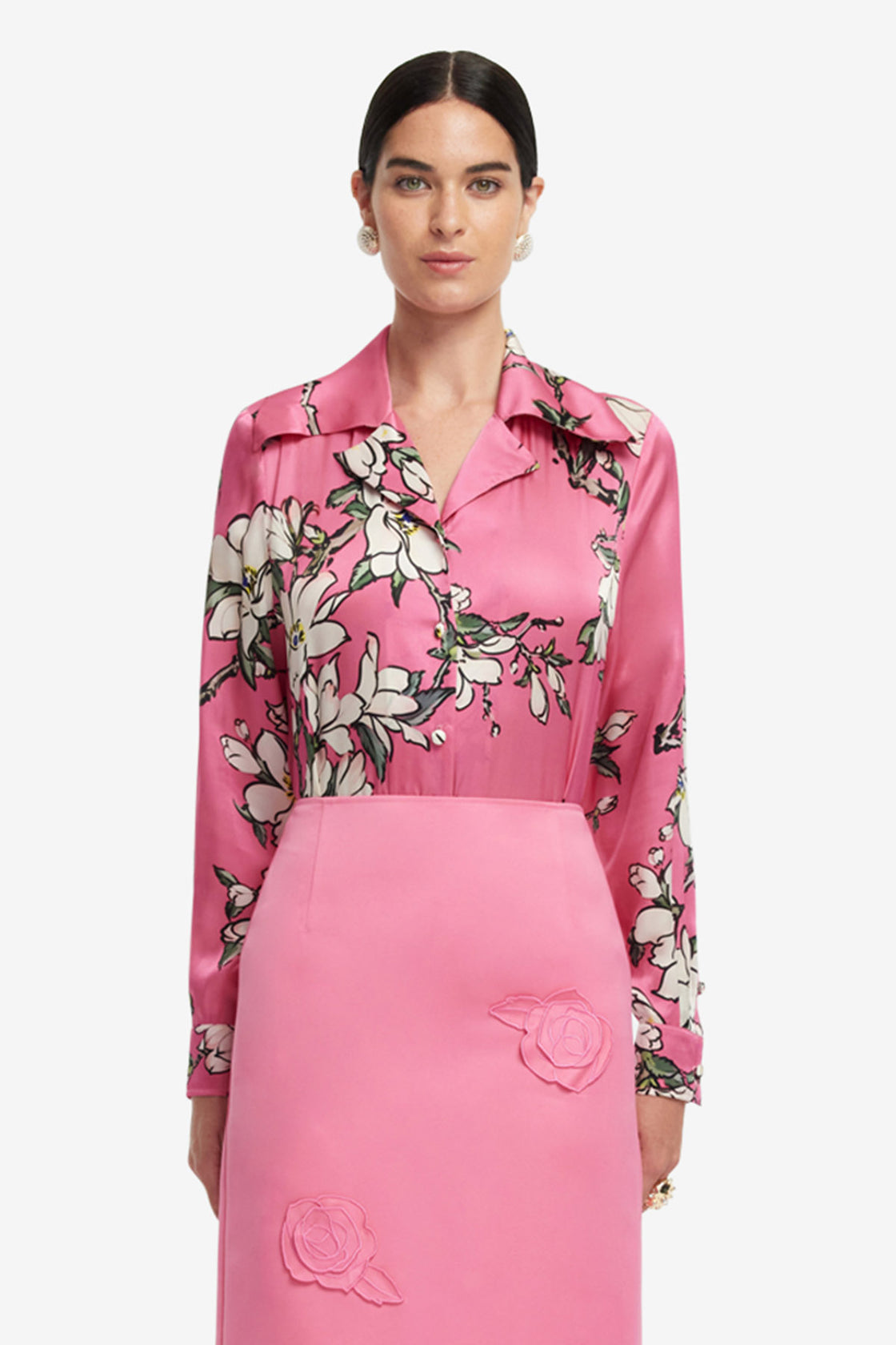 Exclusive LEO LIN Sandra Silk Blouse - Pink Magnolia Print