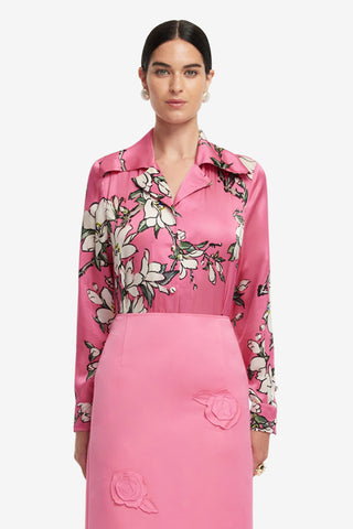 Exclusive LEO LIN Sandra Silk Blouse - Pink Magnolia Print