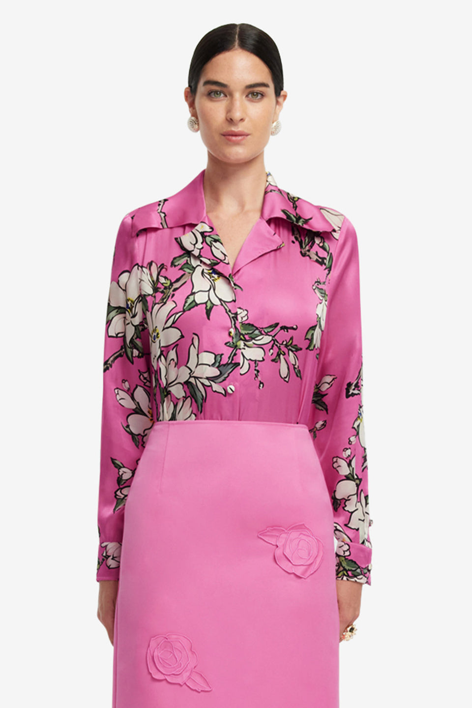 Exclusive LEO LIN Sandra Silk Blouse - Pink Magnolia Print