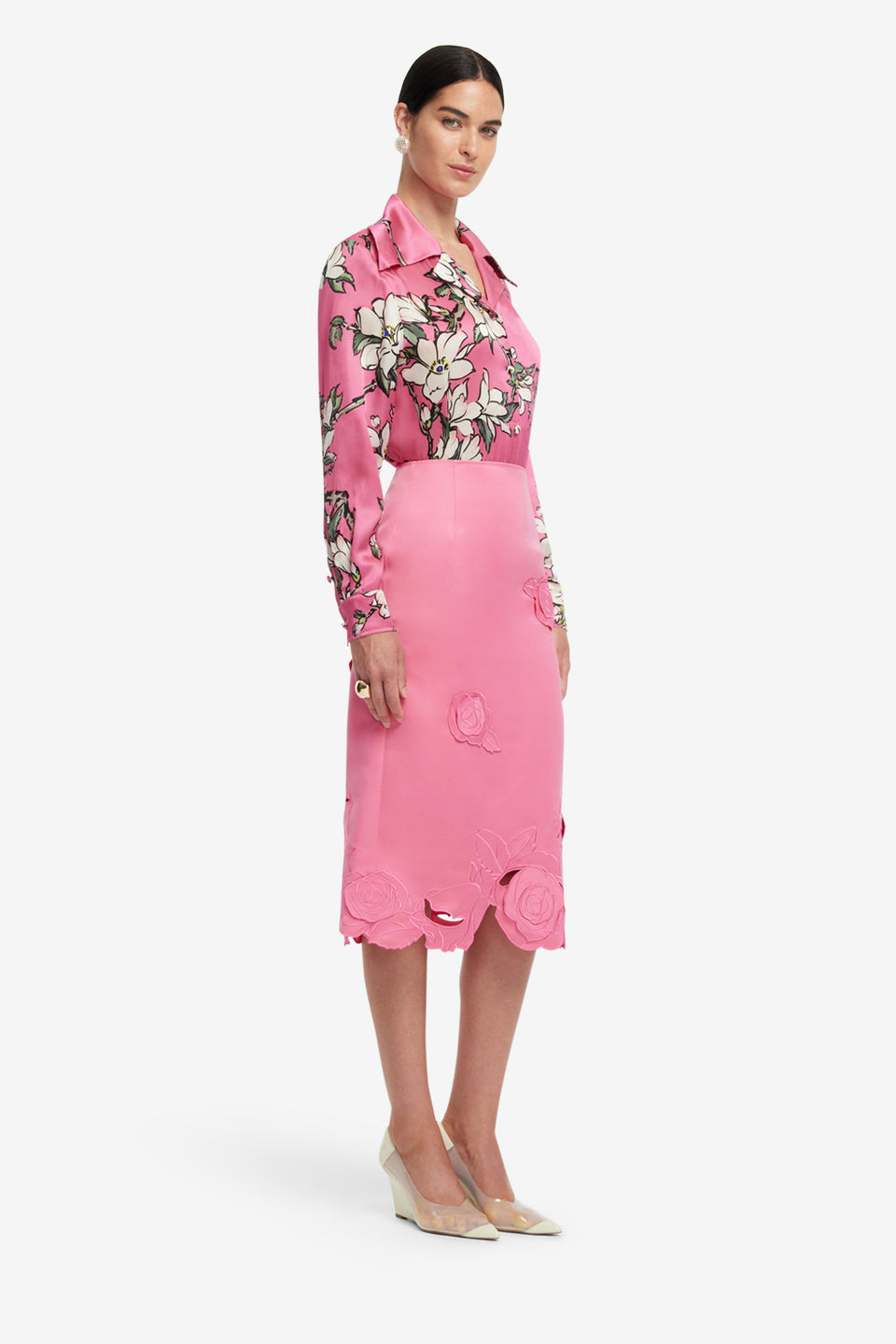 Exclusive LEO LIN Sandra Silk Blouse - Pink Magnolia Print