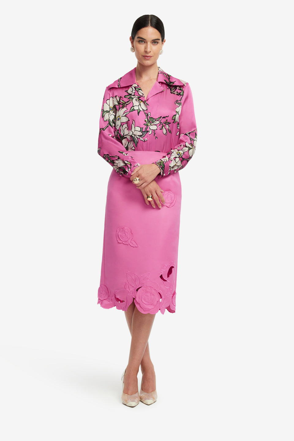 Exclusive LEO LIN Carly Appliqué Midi Skirt - Pink