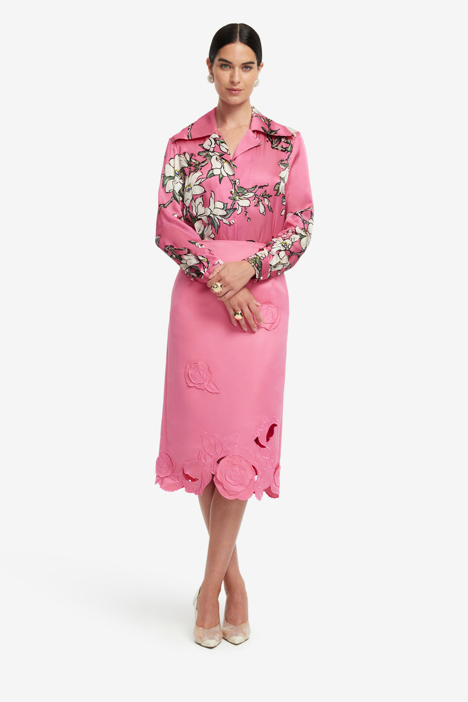 Exclusive LEO LIN Sandra Silk Blouse - Pink Magnolia Print