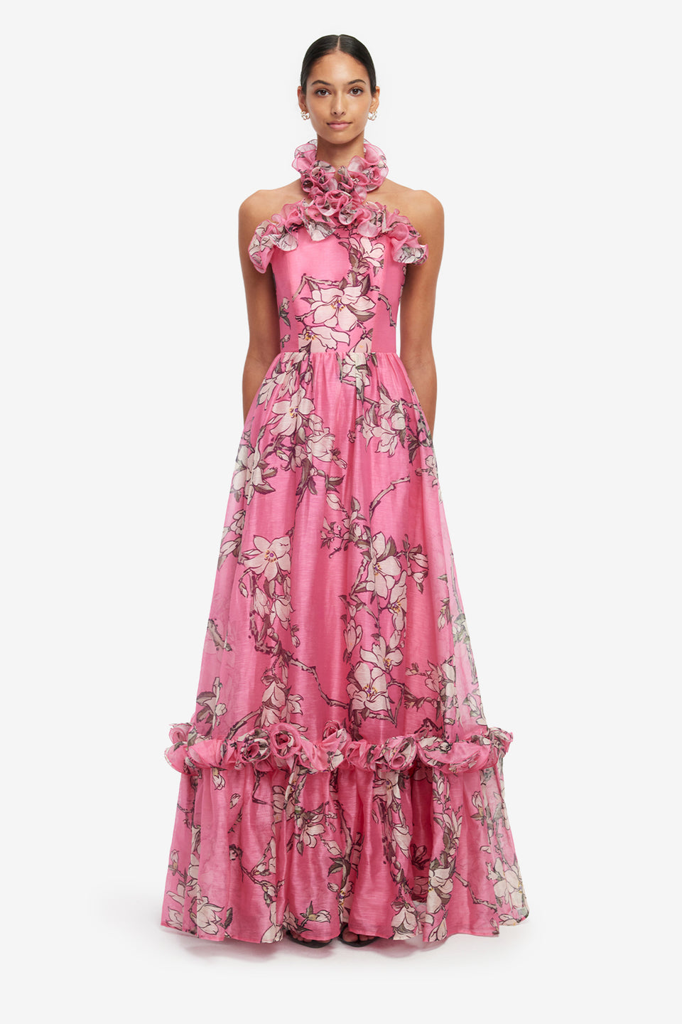Exclusive LEO LIN Isabelle Ruffled Halterneck Maxi Dress - Pink Magnolia Print