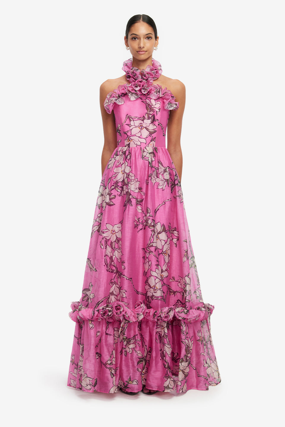 Exclusive LEO LIN Isabelle Ruffled Halterneck Maxi Dress - Pink Magnolia Print