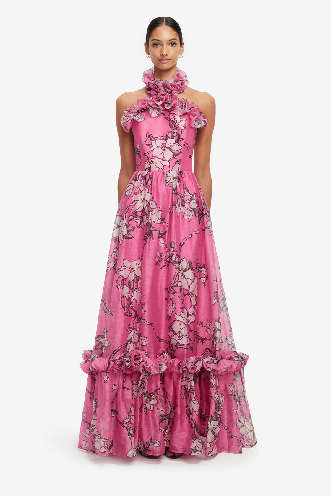 Isabelle Ruffled Halterneck Maxi Dress - Pink Magnolia Print LEO LIN Isabelle Ruffled Halterneck Maxi Dress - Pink Magnolia Print LEO LIN