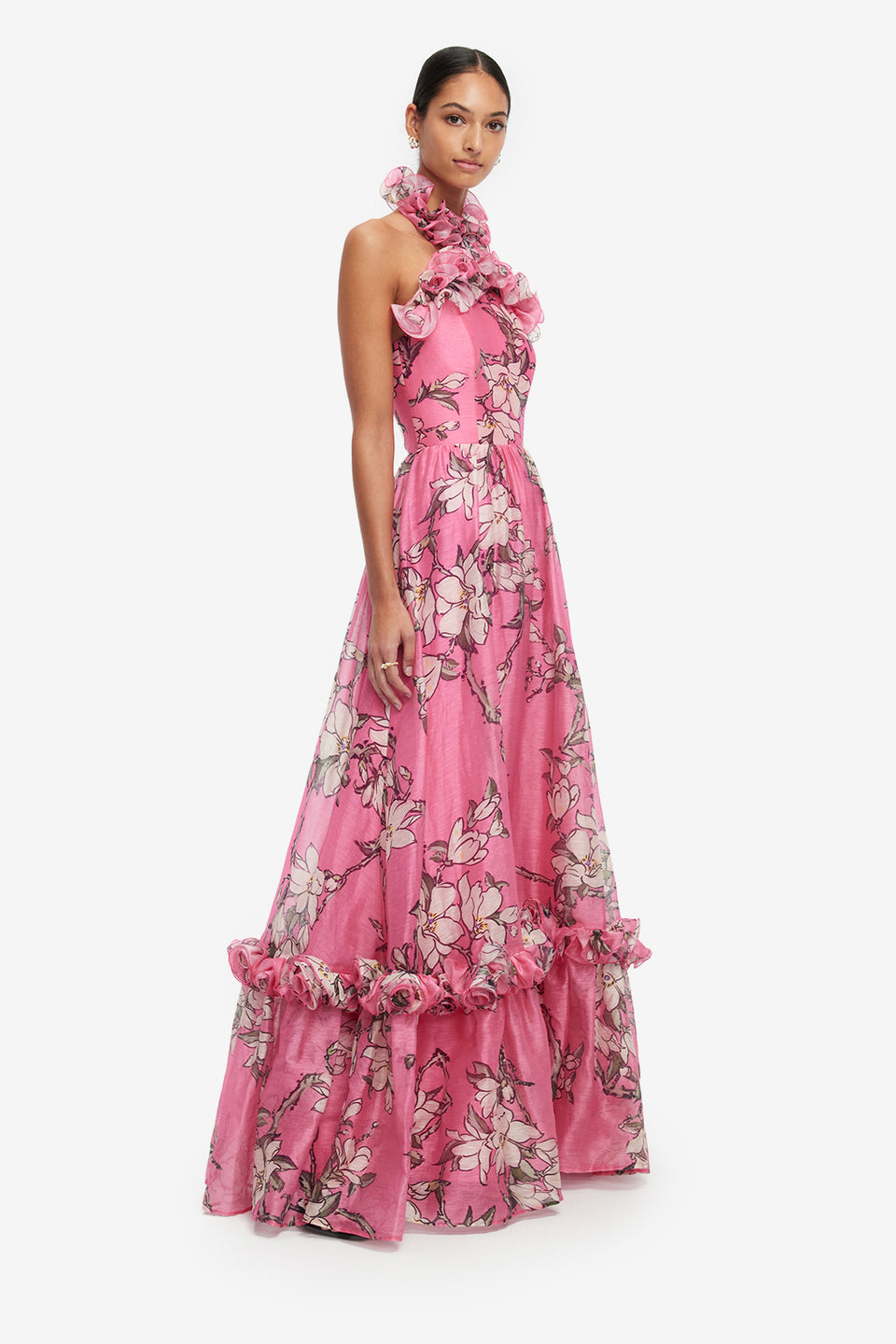 Exclusive LEO LIN Isabelle Ruffled Halterneck Maxi Dress - Pink Magnolia Print