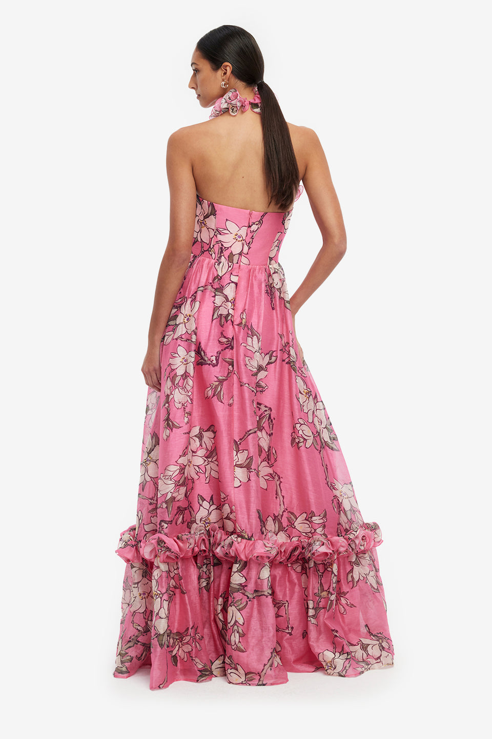 Exclusive LEO LIN Isabelle Ruffled Halterneck Maxi Dress - Pink Magnolia Print