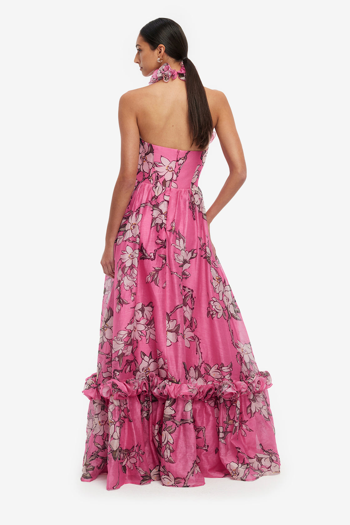 Exclusive LEO LIN Isabelle Ruffled Halterneck Maxi Dress - Pink Magnolia Print