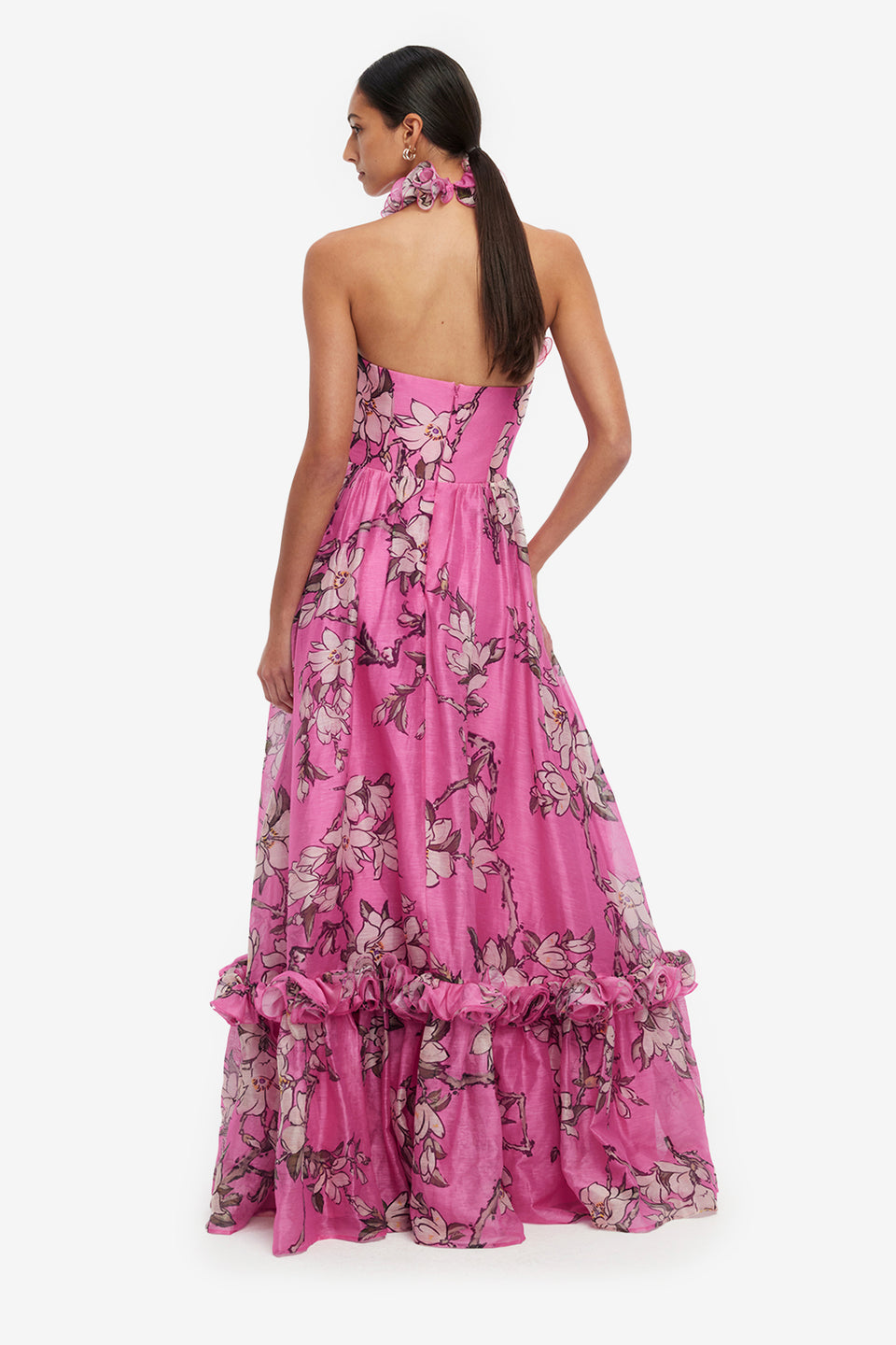 Exclusive LEO LIN Isabelle Ruffled Halterneck Maxi Dress - Pink Magnolia Print