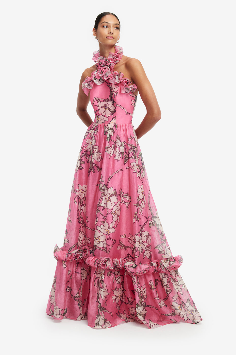 Exclusive LEO LIN Isabelle Ruffled Halterneck Maxi Dress - Pink Magnolia Print