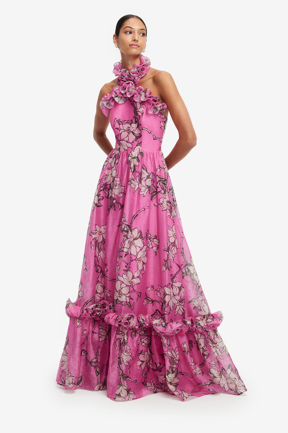 Exclusive LEO LIN Isabelle Ruffled Halterneck Maxi Dress - Pink Magnolia Print