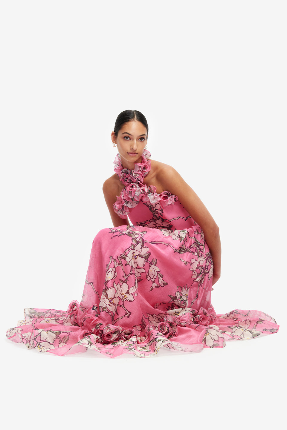 Exclusive LEO LIN Isabelle Ruffled Halterneck Maxi Dress - Pink Magnolia Print