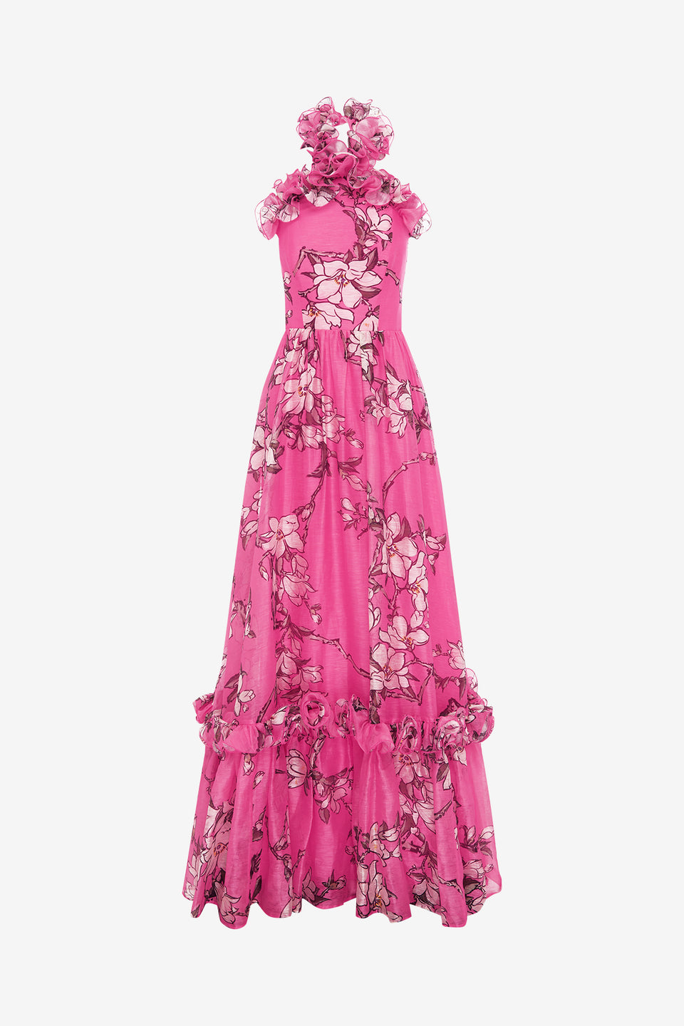 Exclusive LEO LIN Isabelle Ruffled Halterneck Maxi Dress - Pink Magnolia Print