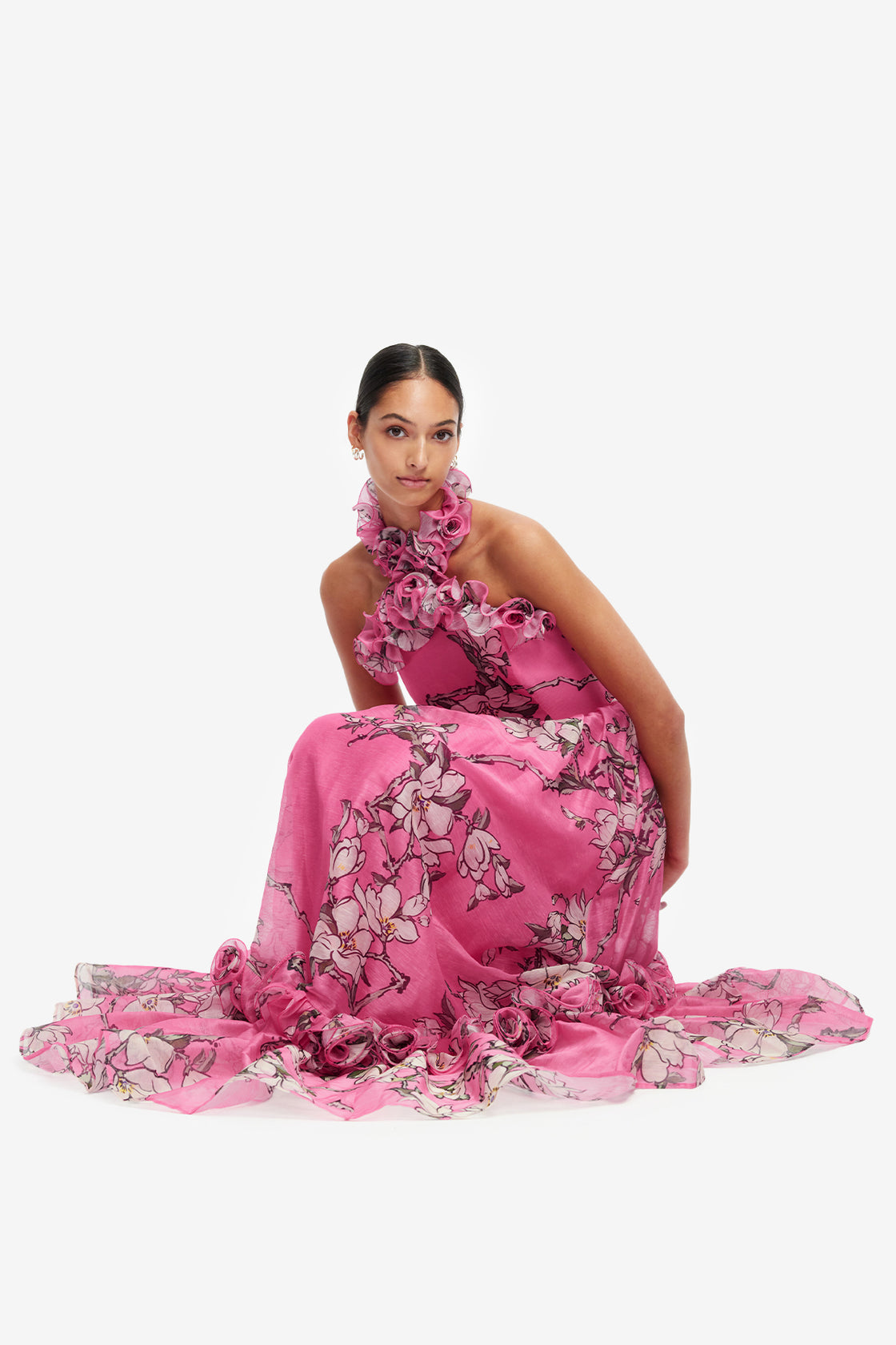 Exclusive LEO LIN Isabelle Ruffled Halterneck Maxi Dress - Pink Magnolia Print