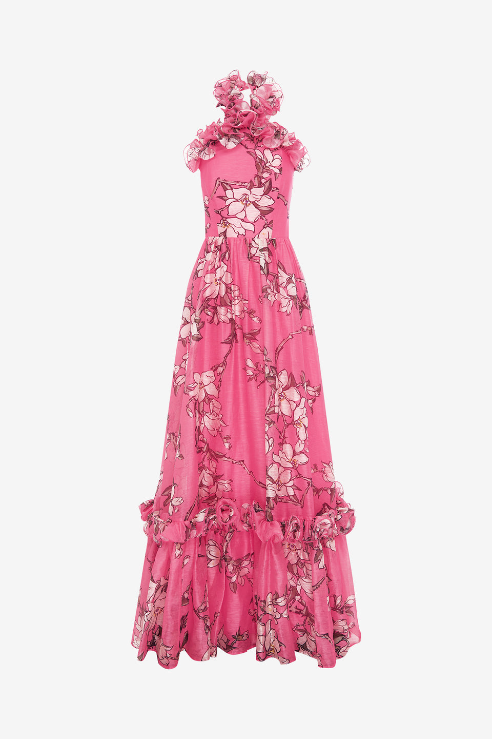 Exclusive LEO LIN Isabelle Ruffled Halterneck Maxi Dress - Pink Magnolia Print