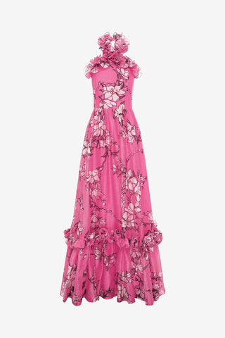 Isabelle Ruffled Halterneck Maxi Dress - Pink Magnolia Print