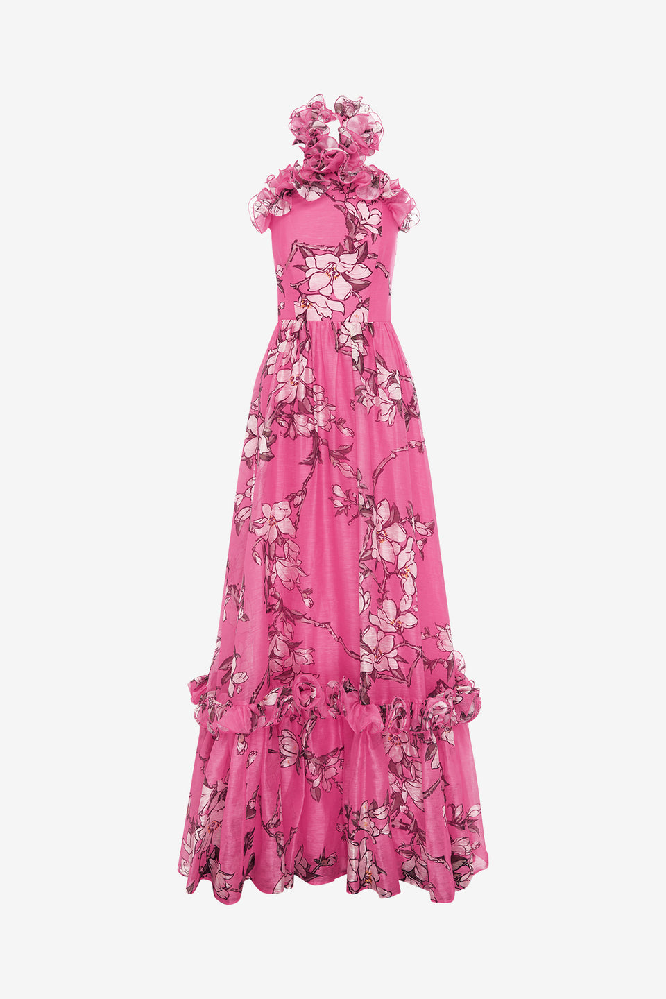 Isabelle Ruffled Halterneck Maxi Dress - Pink Magnolia Print