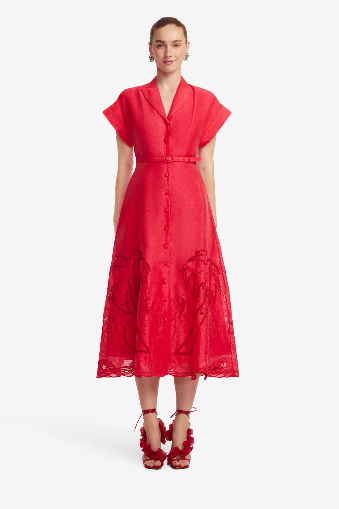 Aubrey Palm Shirt Midi Dress - Scarlet LEO LIN Aubrey Palm Shirt Midi Dress - Scarlet LEO LIN